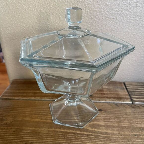 Vintage Pressed Glass Hexagon Shaped Candy Dish with Lid - Picture 10 of 15